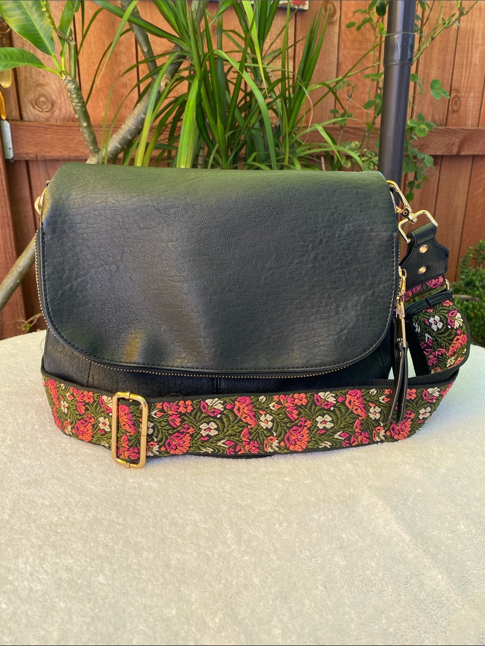 Black Leather Crossbody Bag with Floral Adjustable Strap